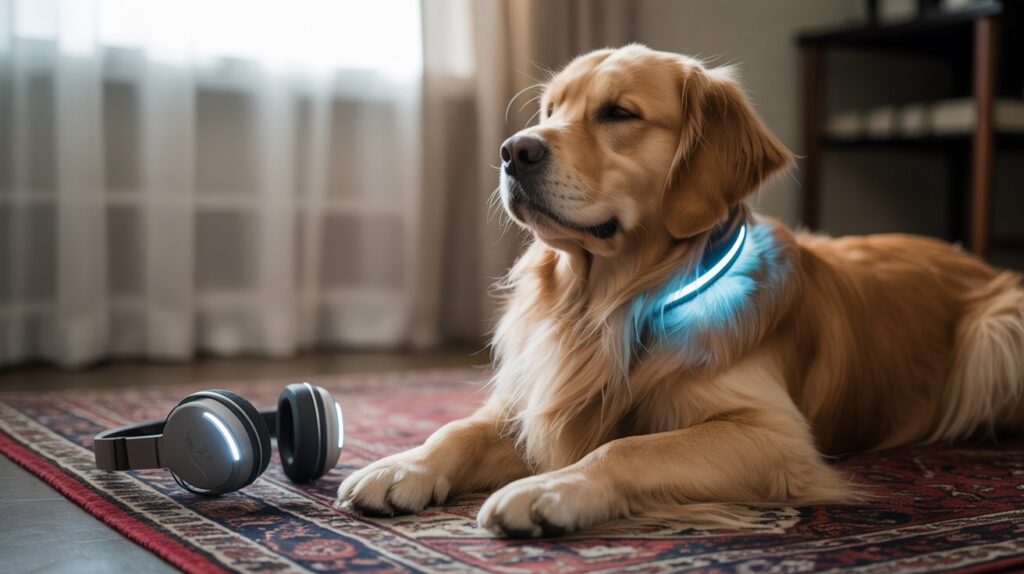 Calm and relaxed dog lying on a rug after using anti-barking gadgets